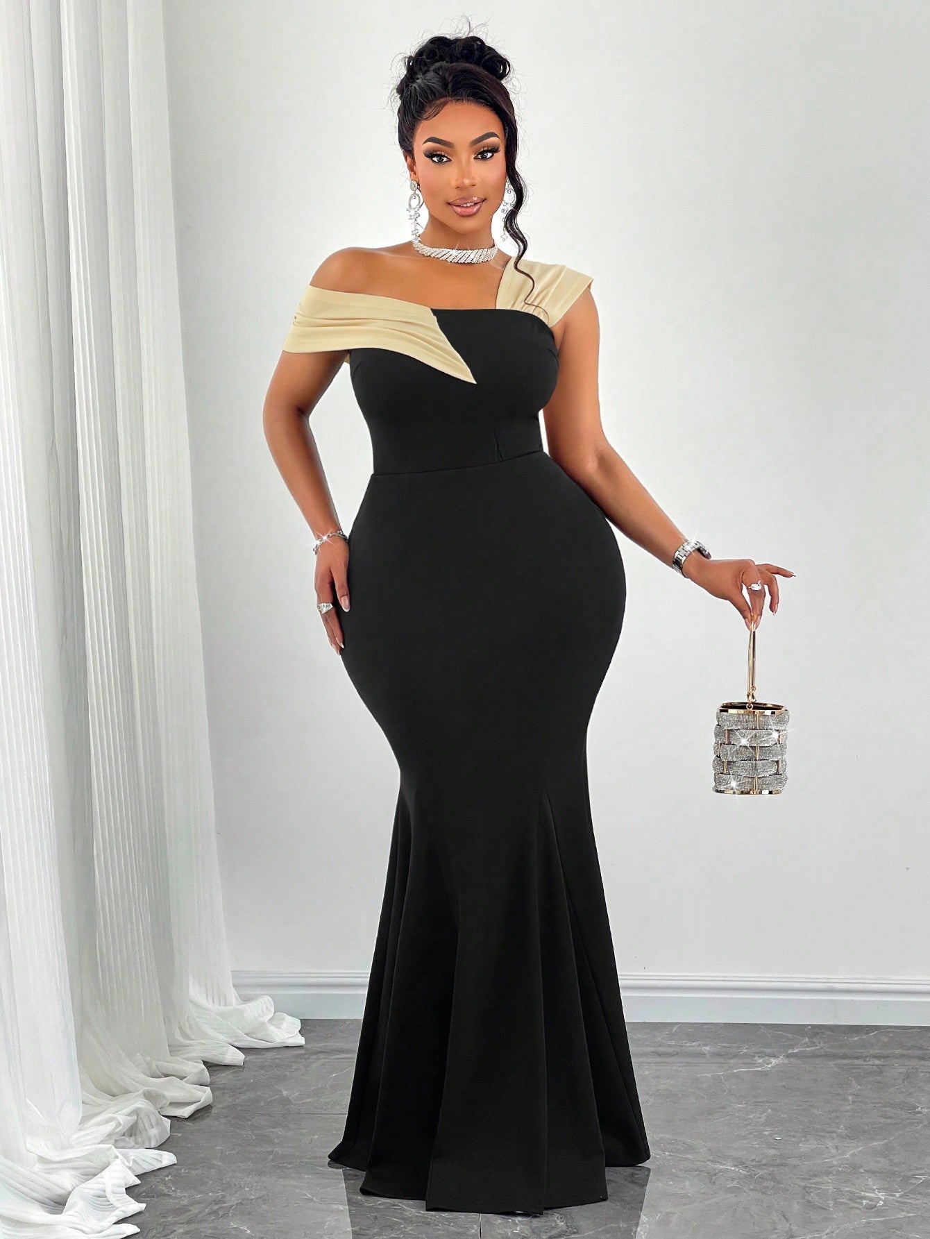 Asymmetric Neckline Color Block Fitted Maxi Dress - Body By J'ne