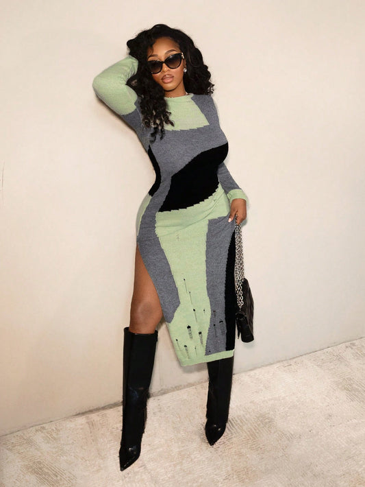 Her Multi-Color Side Slit Sweater Dress