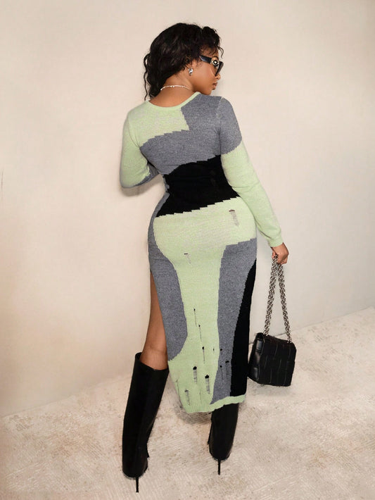 Her Multi-Color Side Slit Sweater Dress - Body By J'ne
