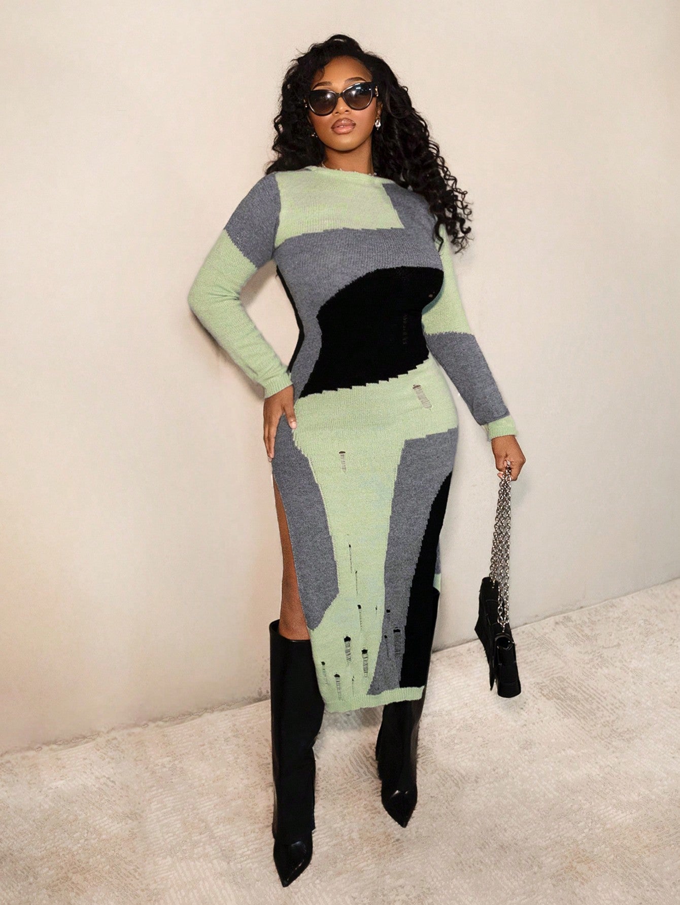 Her Multi-Color Side Slit Sweater Dress - Body By J'ne