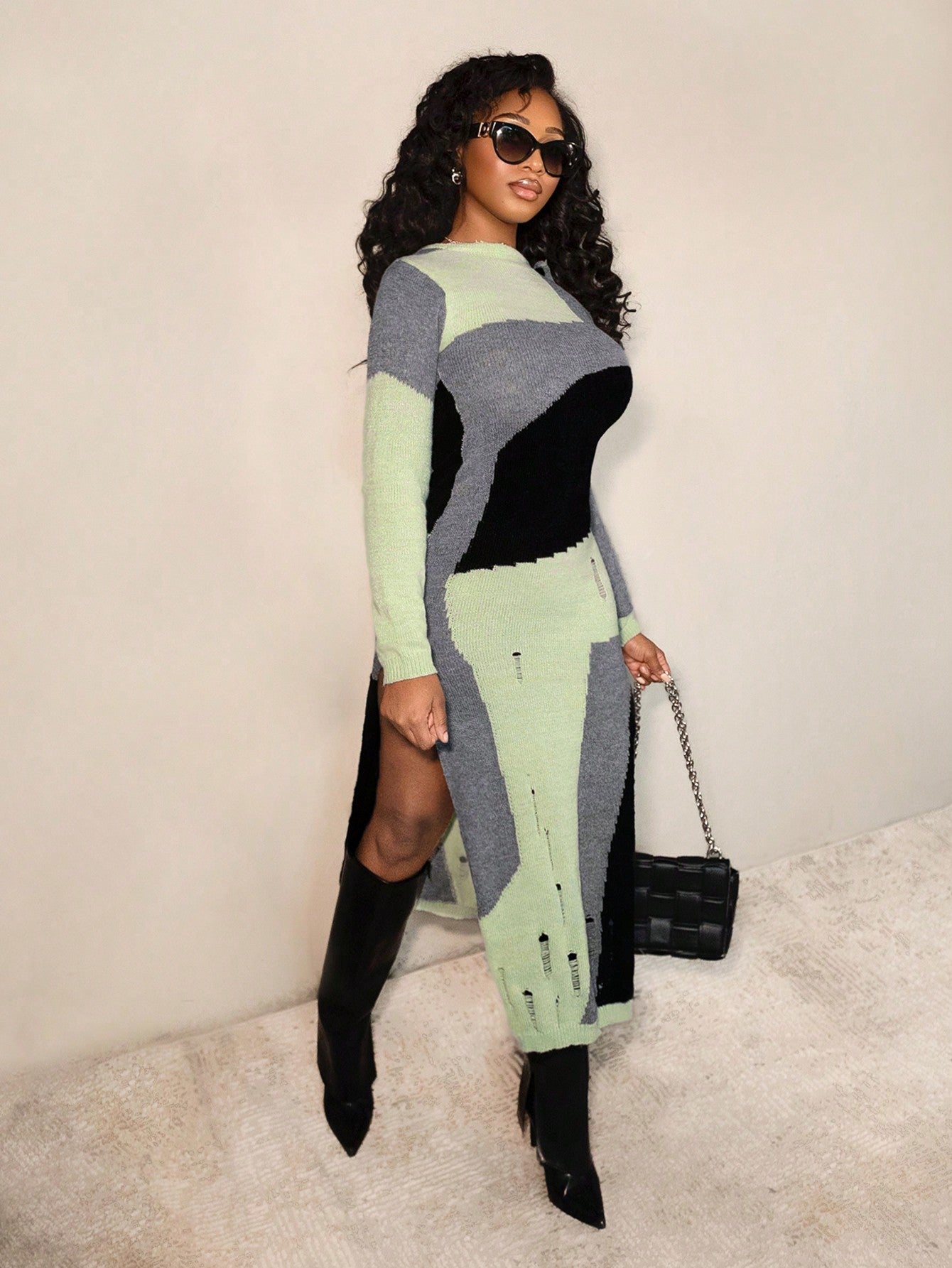 Her Multi-Color Side Slit Sweater Dress - Body By J'ne