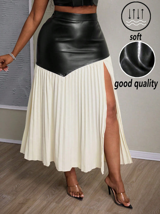 PU Asymmetrical Pleated High Slit Skirt