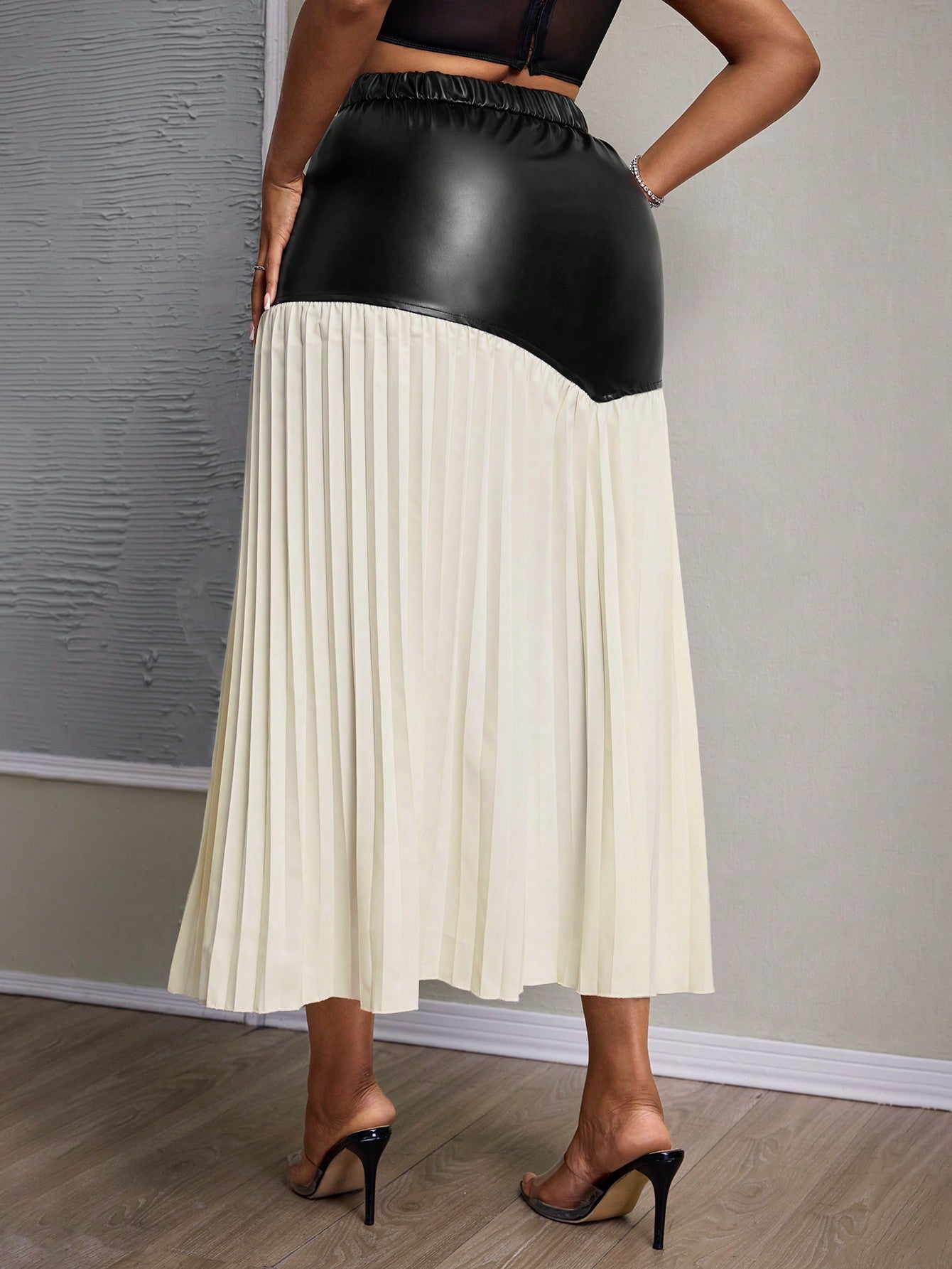 PU Asymmetrical Pleated High Slit Skirt