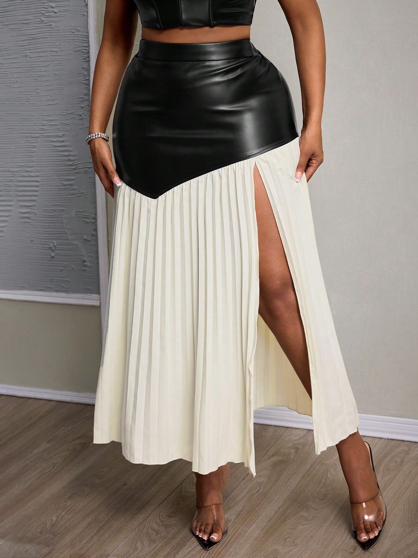 PU Asymmetrical Pleated High Slit Skirt