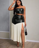 PU Asymmetrical Pleated High Slit Skirt