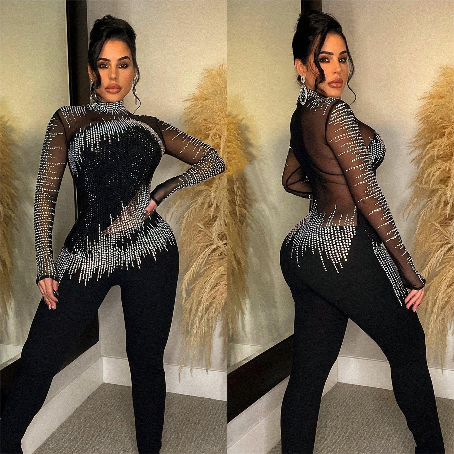 Pure Color Mesh Rhinestone Jumpsuit Body By J ne