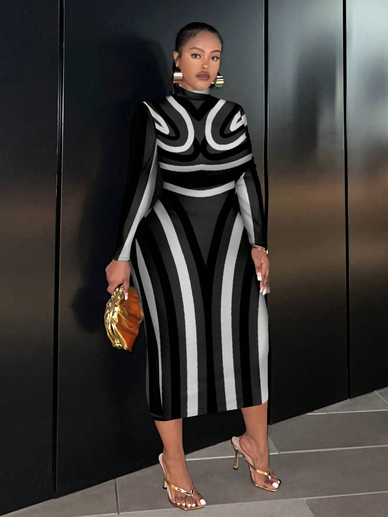 Artistic Print Long Sleeve Bodycon Dress - Body By J'ne