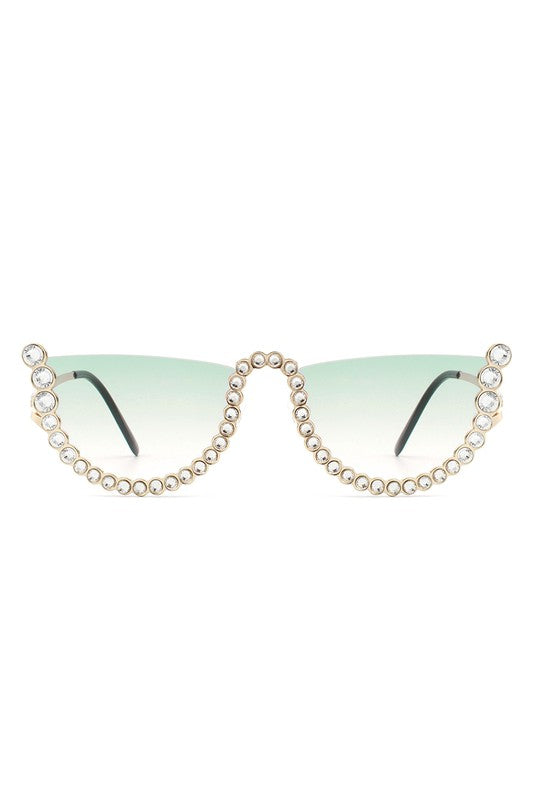 Half Frame Rhinestone Round Fashion Sunglasses