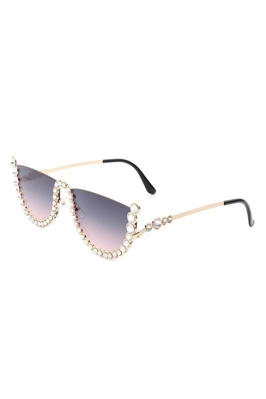 Half Frame Rhinestone Round Fashion Sunglasses