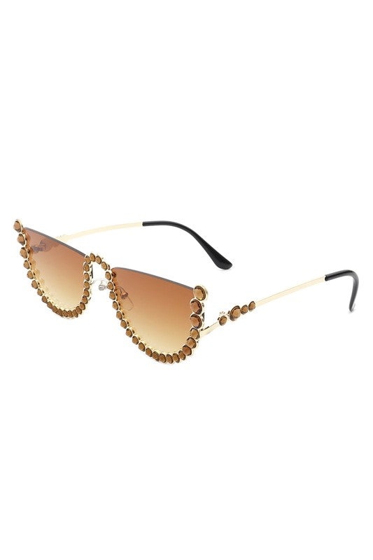 Half Frame Rhinestone Round Fashion Sunglasses