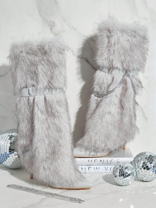 Pointed Toe Chain Decor Knee-High Boots - Body By J'ne