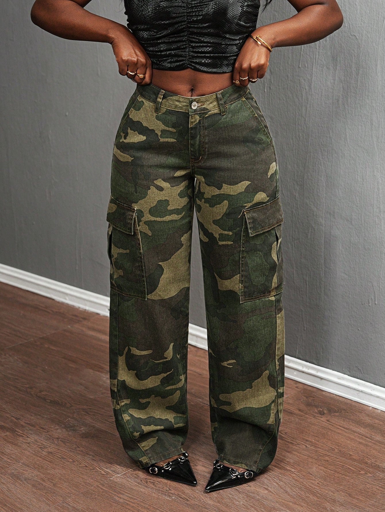 Camo Print Low Waist Straight Leg Jeans