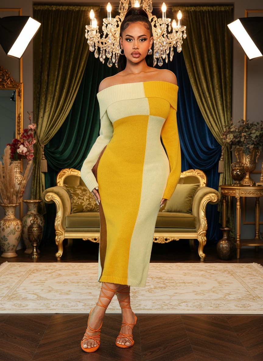 Yellow Brown Long Sleeve Bodycon Dress