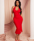 Red Ruffle Hem Mid-Calf Dress