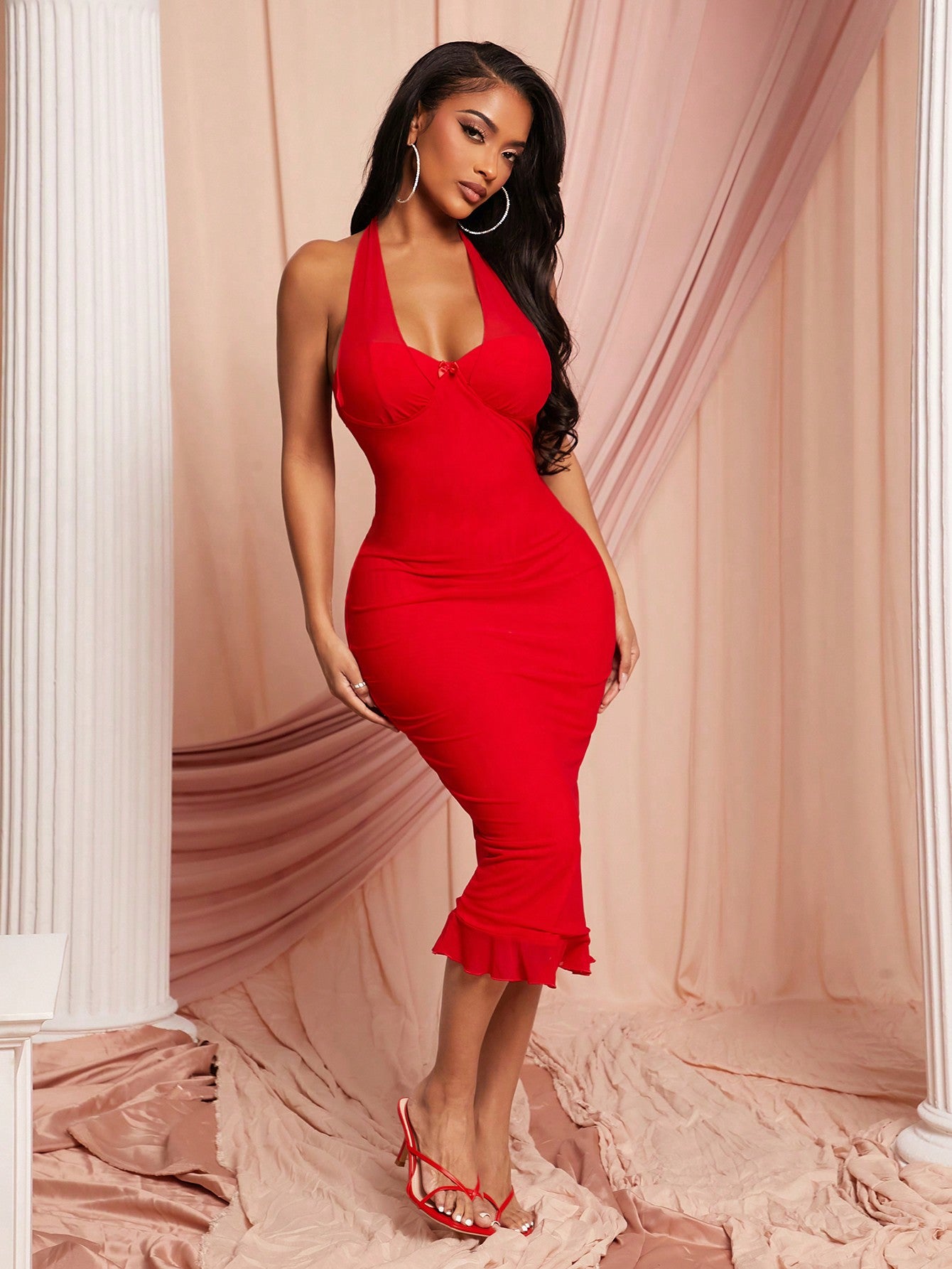 Red Ruffle Hem Mid-Calf Dress - Body By J'ne