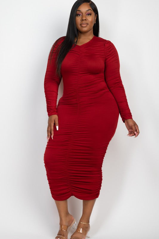 Curvy Plus Size Ruched Long Sleeve Midi Dress - Body By J'ne