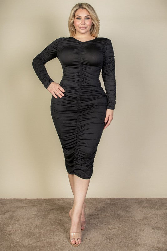Curvy Plus Size Ruched Long Sleeve Midi Dress - Body By J'ne