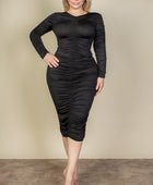 Curvy Plus Size Ruched Long Sleeve Midi Dress