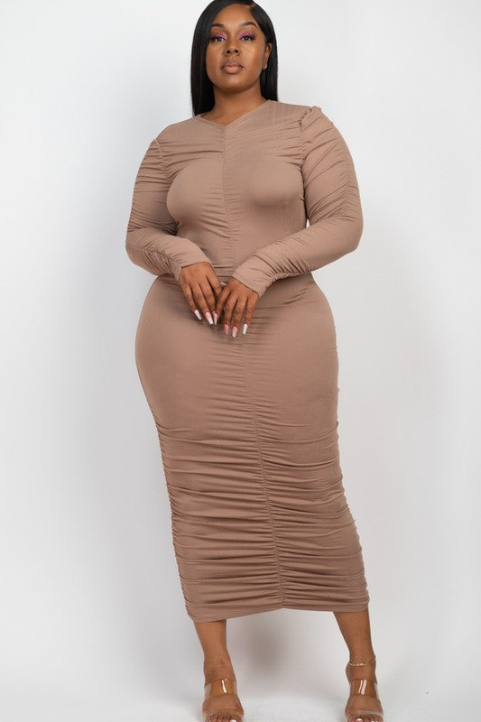 Curvy Plus Size Ruched Long Sleeve Midi Dress - Body By J'ne