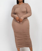 Curvy Plus Size Ruched Long Sleeve Midi Dress