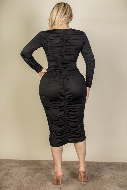 Curvy Plus Size Ruched Long Sleeve Midi Dress - Body By J'ne
