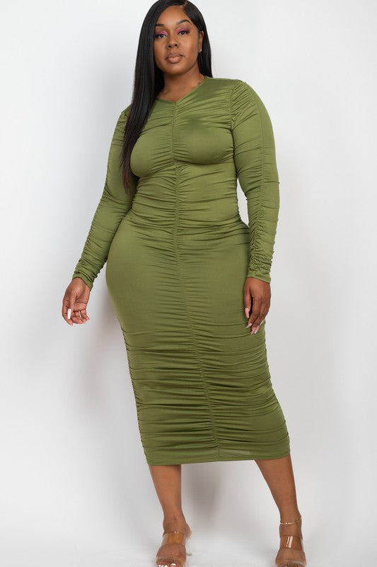 Curvy Plus Size Ruched Long Sleeve Midi Dress - Body By J'ne