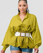 PLEATED RUFFLE WASIT BELT LONG  BLOUSE