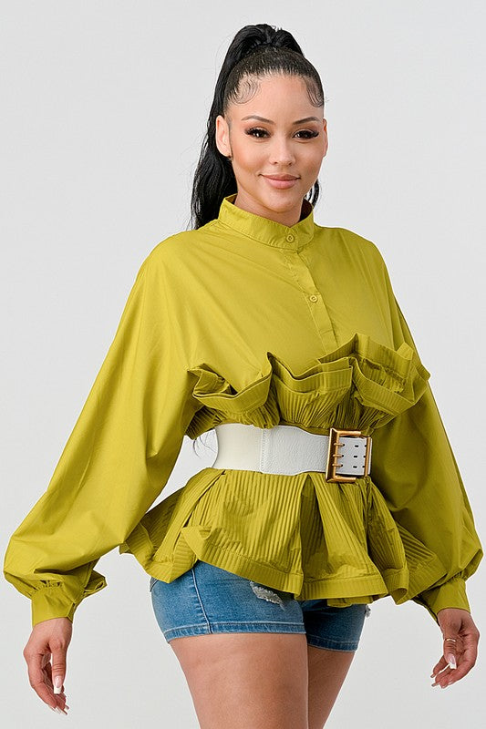 PLEATED RUFFLE WASIT BELT LONG  BLOUSE