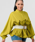 PLEATED RUFFLE WASIT BELT LONG  BLOUSE