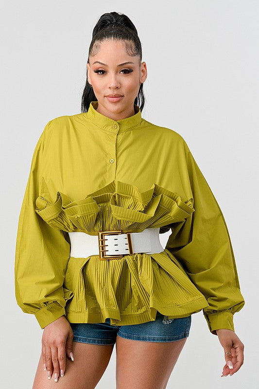 PLEATED RUFFLE WASIT BELT LONG  BLOUSE