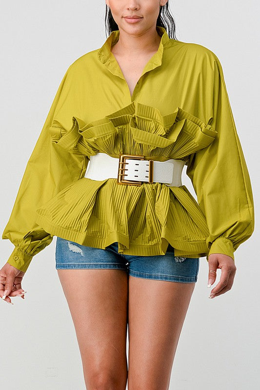 PLEATED RUFFLE WASIT BELT LONG  BLOUSE