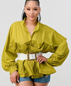 PLEATED RUFFLE WASIT BELT LONG  BLOUSE