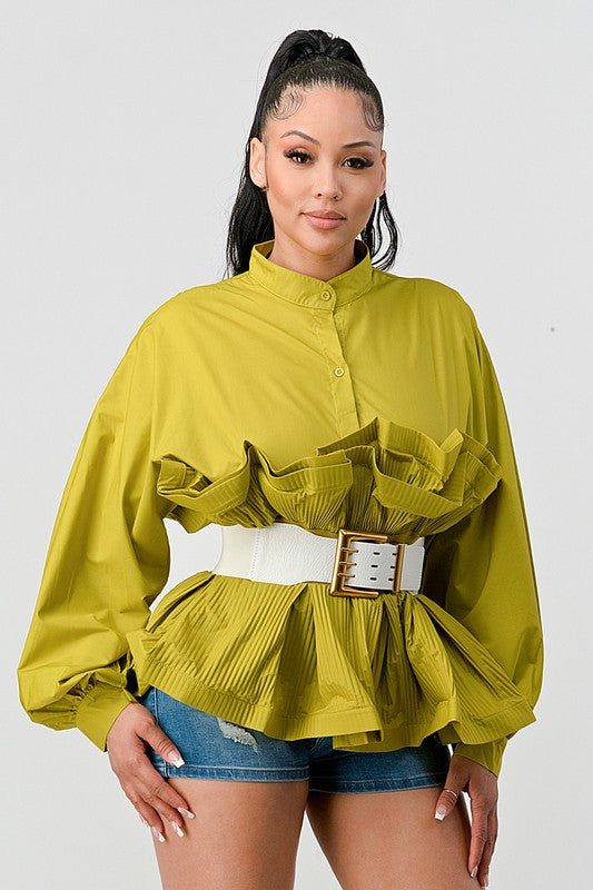 PLEATED RUFFLE WASIT BELT LONG  BLOUSE