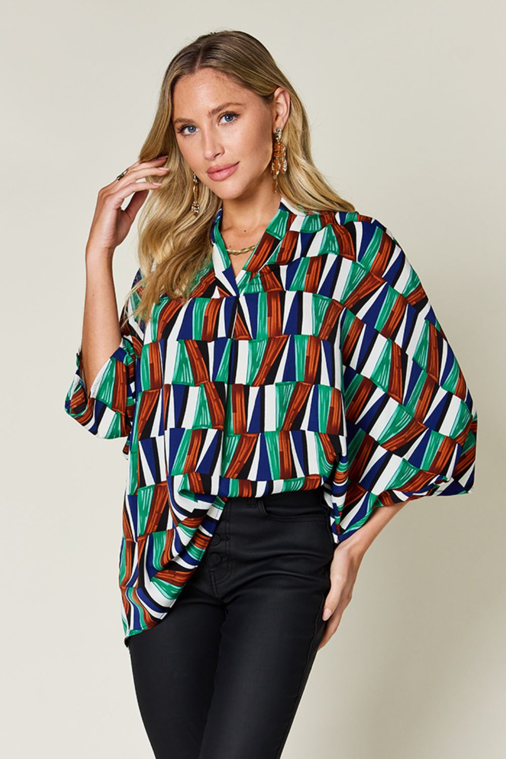 Full Size Geometric Notched Raglan Sleeve Blouse - Body By J'ne