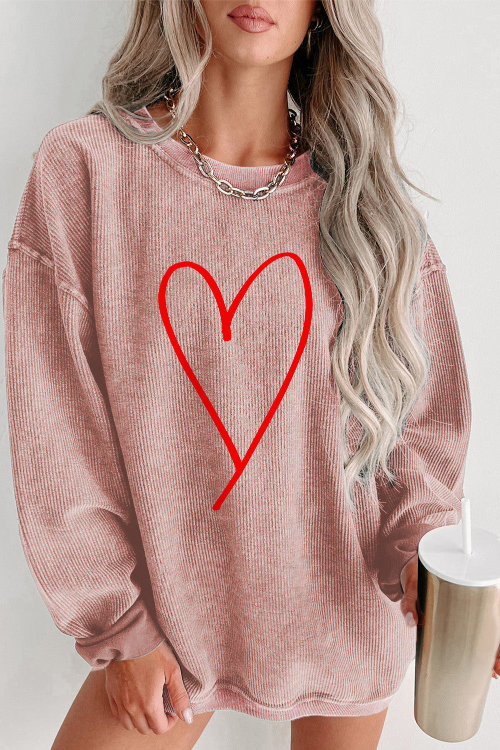 Heart Round Neck Dropped Shoulder Sweatshirt - Body By J'ne