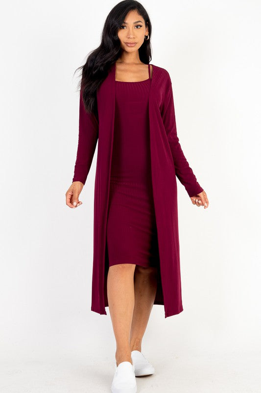 Ribbed Cardigan & Cami Midi Bodycon Dress - Body By J'ne