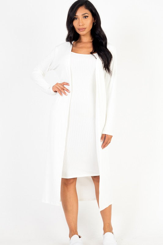 Ribbed Cardigan & Cami Midi Bodycon Dress - Body By J'ne
