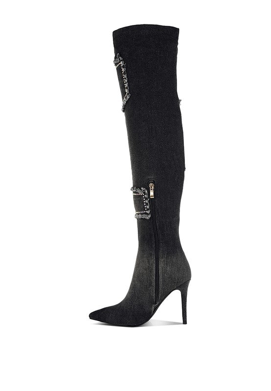 Eilish Rhinestones Knee High Denim Boots - Body By J'ne