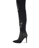 Eilish Rhinestones Knee High Denim Boots