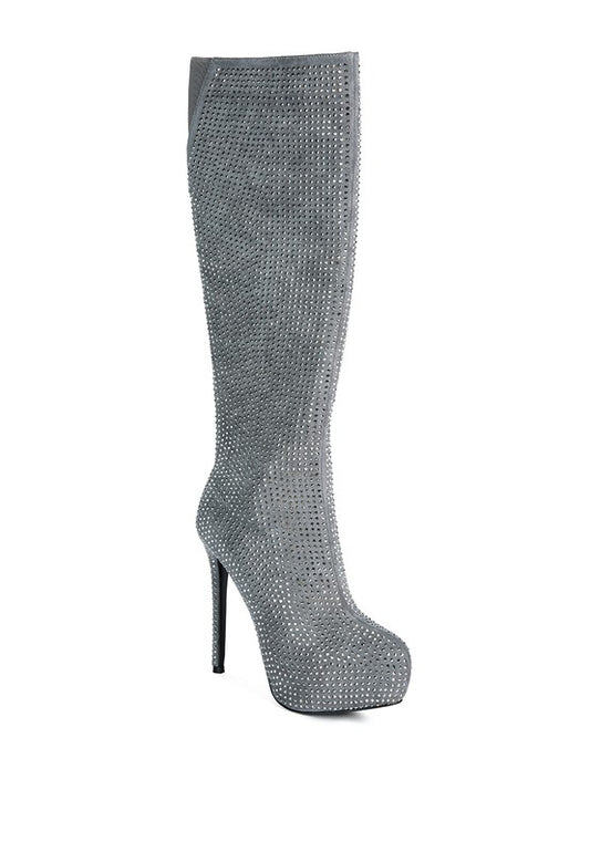 Rhinestone Embellished Stiletto Calf Boots - Body By J'ne
