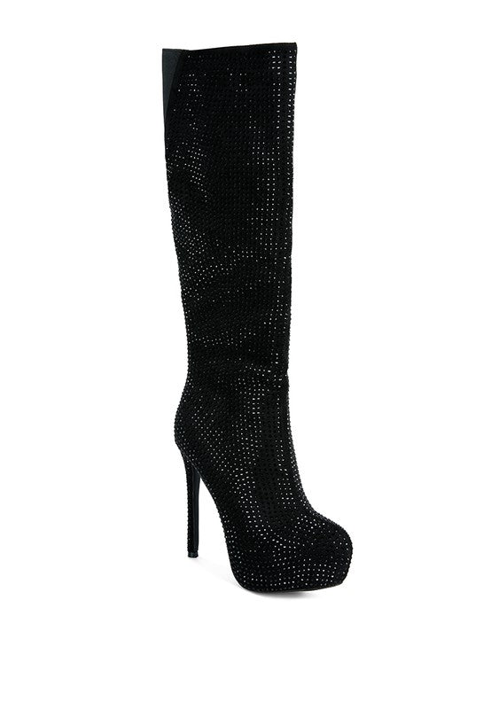 Rhinestone Embellished Stiletto Calf Boots - Body By J'ne