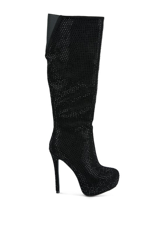 Rhinestone Embellished Stiletto Calf Boots - Body By J'ne