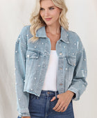 Distressed Pearl Trim Button Up Denim Jacket