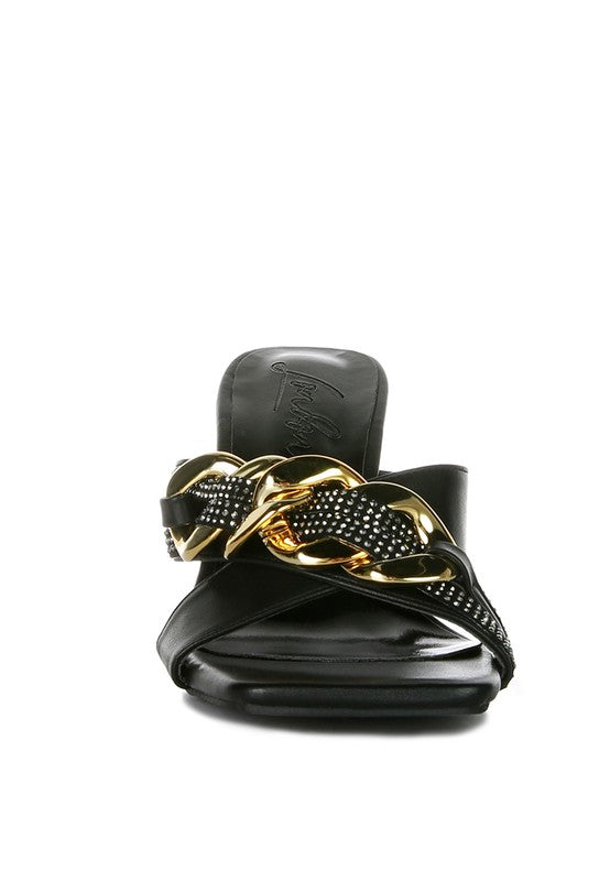 Evelane Metallic Chain Heeled Diamante Sandals - Body By J'ne