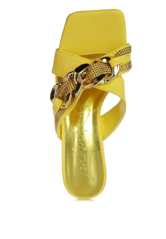 Evelane Metallic Chain Heeled Diamante Sandals - Body By J'ne