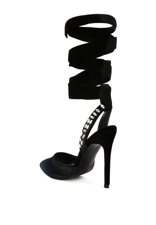 Velvet Diamante Tie Up High Heeled Sandals - Body By J'ne