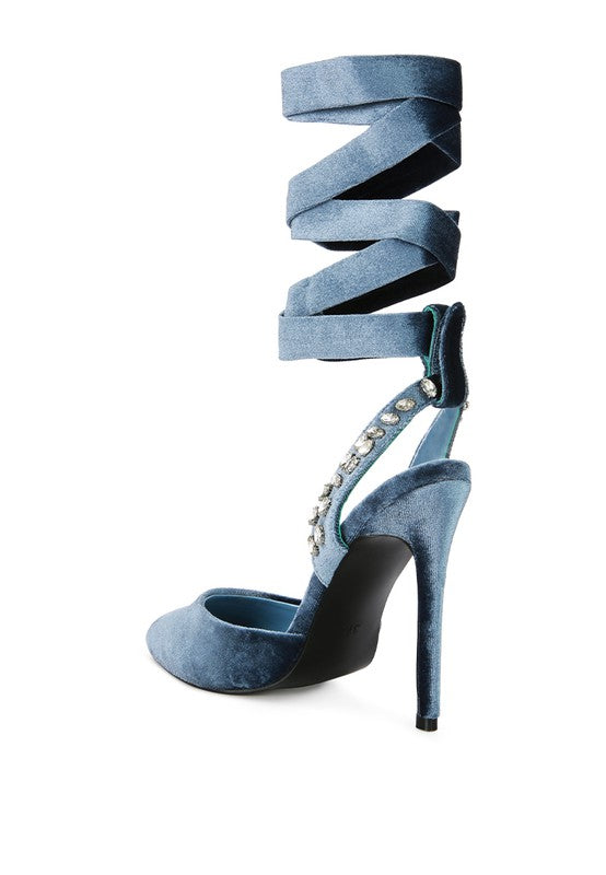 Velvet Diamante Tie Up High Heeled Sandals - Body By J'ne