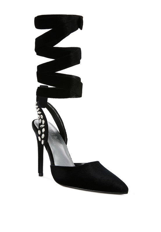 Velvet Diamante Tie Up High Heeled Sandals - Body By J'ne
