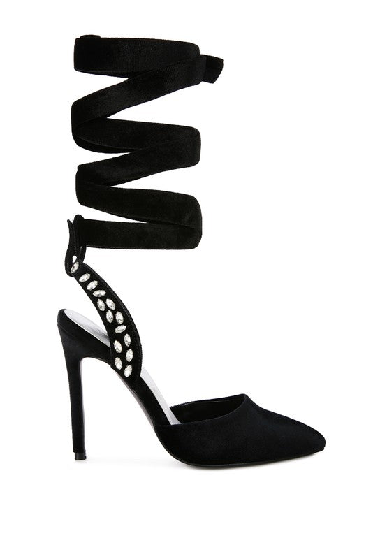 Velvet Diamante Tie Up High Heeled Sandals - Body By J'ne