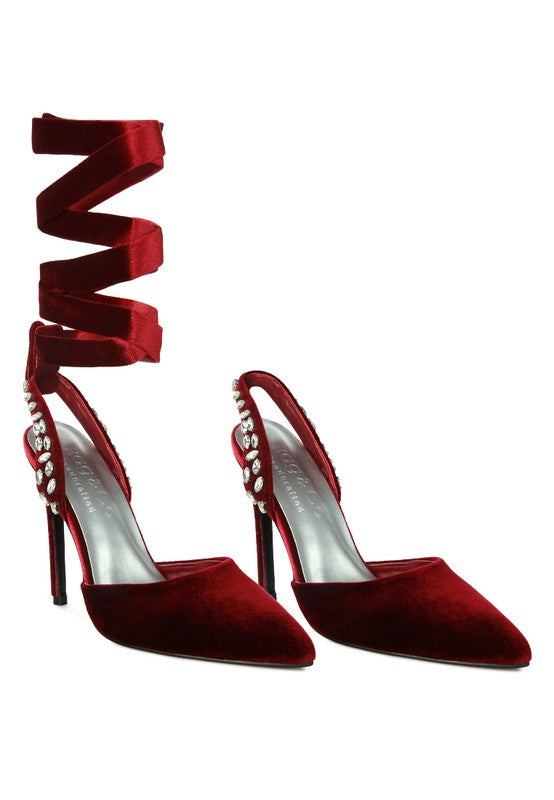 Velvet Diamante Tie Up High Heeled Sandals - Body By J'ne
